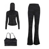 LULU DF Embossed Hooded Jacket, Y-shaped Vest, Bell-bottom Pants Three-piece Set, Starry Gold Zipper Yoga Outfit