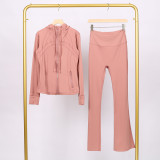 LULU in-stock hooded jacket with embossed logo, flared pants set, running and yoga wear, slim-fit zip-up cardigan with long sleeves