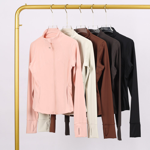 LULU DF Stand Collar Jacket New Slim Fit Stand Collar Stretch Jacket with Gold Zipper for Fitness and Yoga