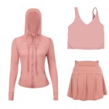 LULU Sports Tennis Skirt with Hooded Jacket and U-Back Tank Top Set for Women, Anti-Exposure Fitness Short Skirt, Two-in-One Design