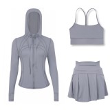 LULU sports tennis skirt with hooded jacket and Y-back tank top set for women, anti-exposure fitness short skirt, slimming effect