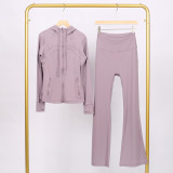 LULU in-stock hooded jacket with embossed logo, flared pants set, running and yoga wear, slim-fit zip-up cardigan with long sleeves