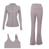 LULU DF stand-up collar jacket, U-shaped vest, bell-bottom pants three-piece set with gold zipper, sports fitness slim-fit yoga wear