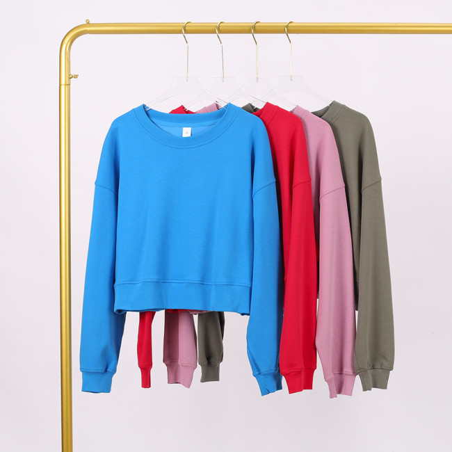 LULU (in stock) Yoga wear air-layer short round-neck sweatshirt, high elasticity, loose fit, sports OVZ short long-sleeve
