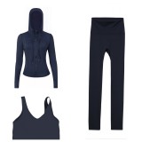 LULU DF hooded jacket, U-shaped vest, cropped pants three-piece set, starry gold zipper slim-fit yoga outfit