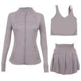 LULU sports tennis skirt, anti-exposure stand-up collar jacket, U-shaped tank top, short skirt three-piece set, yoga quick-dry pleated skirt