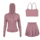 LULU sports tennis skirt with hooded jacket and Y-back tank top set for women, anti-exposure fitness short skirt, slimming effect