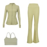 LULU DF Embossed Stand Collar Jacket, Y-shaped Vest, Flared Pants Three-piece Set with Gold Zipper, Sports Fitness Yoga Outfit