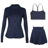 LULU Sports Tennis Skirt Anti-Exposure Embossed Stand-Up Collar Jacket Y-Back Vest Short Skirt Three-Piece Yoga Quick-Dry Set