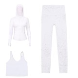 LULU DF hooded jacket, U-shaped vest, cropped pants three-piece set, starry gold zipper slim-fit yoga outfit