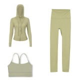 LULU DF Embossed Hooded Jacket, Y-Back Vest, Cropped Pants Three-Piece Set, Starry Gold Zipper Yoga Outfit