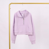 LULU Women's Yoga Wear Half-Zip Terry Stand-Up Collar Sweatshirt Casual Loose Short Fleece-Lined Sweatshirt