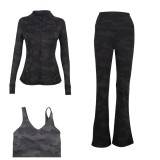 LULU DF stand-up collar jacket, U-shaped vest, bell-bottom pants three-piece set with gold zipper, sports fitness slim-fit yoga wear