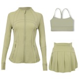 LULU Sports Tennis Skirt Anti-Exposure Embossed Stand-Up Collar Jacket Y-Back Vest Short Skirt Three-Piece Yoga Quick-Dry Set