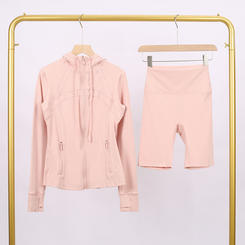LULU DF hooded jacket and shorts set with gold zipper, slim fit, stretchy, quick-drying, fitness, sports, yoga wear for women