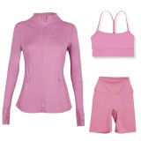 LULU DF stand-up collar jacket, Y-back vest, three-quarter pants, three-piece set with gold zipper, sporty slim-fit yoga wear
