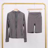 LULU DF hooded jacket and shorts set with gold zipper, slim fit, stretchy, quick-drying, fitness, sports, yoga wear for women