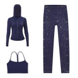 LULU DF Embossed Hooded Jacket, Y-Back Vest, Cropped Pants Three-Piece Set, Starry Gold Zipper Yoga Outfit