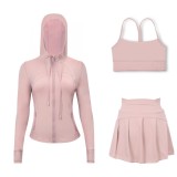 LULU sports tennis skirt with hooded jacket and Y-back tank top set for women, anti-exposure fitness short skirt, slimming effect