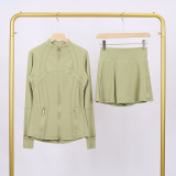 LULU DF Stand Collar Jacket and Skirt Set with Gold Zipper, Slim Fit Jacket, Stretchy Quick-Dry Fitness Yoga Outfit