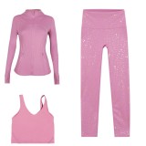 LULU DF stand-up collar jacket, U-shaped vest, cropped pants three-piece set, starry gold zipper slim-fit yoga wear