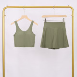 LULU Women's Sports Tennis Skirt Anti-Exposure Fitness U-Back Vest Short Skirt Set Fake Two-Piece Yoga Shorts Fashionable