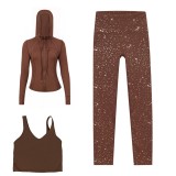 LULU DF hooded jacket, U-shaped vest, cropped pants three-piece set, starry gold zipper slim-fit yoga outfit