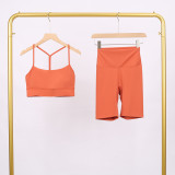 LULU Y-shaped sports vest and shorts set, vest underwear, nude-feel bra, beautiful back, shockproof, push-up yoga
