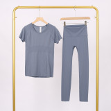 LULU3.0 High-Elasticity Sports Round-Neck Short-Sleeve Nine-Point Pants Set for Women, Quick-Dry Running Training T-Shirt, Yoga Outfit for Women