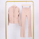 LULU in-stock hooded jacket with embossed logo, flared pants set, running and yoga wear, slim-fit zip-up cardigan with long sleeves