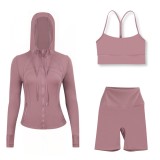 LULU DF hooded jacket, Y-back vest, three-quarter pants three-piece set, starry gold zipper slim-fit yoga outfit