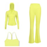 LULU DF Embossed Hooded Jacket, Y-shaped Vest, Bell-bottom Pants Three-piece Set, Starry Gold Zipper Yoga Outfit