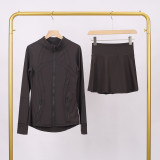 LULU branded stand-up collar jacket and skirt set, sports tennis skirt for women, anti-exposure fitness skirt, two-piece design