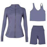 LULU DF stand-up collar jacket, U-shaped vest, three-piece set with cropped pants and gold zipper, slim-fit sports yoga wear