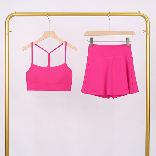 LULU Women's Sports Tennis Skirt Anti-Exposure Fitness Y-Back Vest Short Skirt Set Two-in-One Yoga Shorts