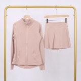 LULU branded stand-up collar jacket and skirt set, sports tennis skirt for women, anti-exposure fitness skirt, two-piece design