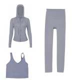 LULU DF hooded jacket, U-shaped vest, cropped pants three-piece set, starry gold zipper slim-fit yoga outfit