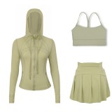 LULU sports tennis skirt with hooded jacket and Y-back tank top set for women, anti-exposure fitness short skirt, slimming effect