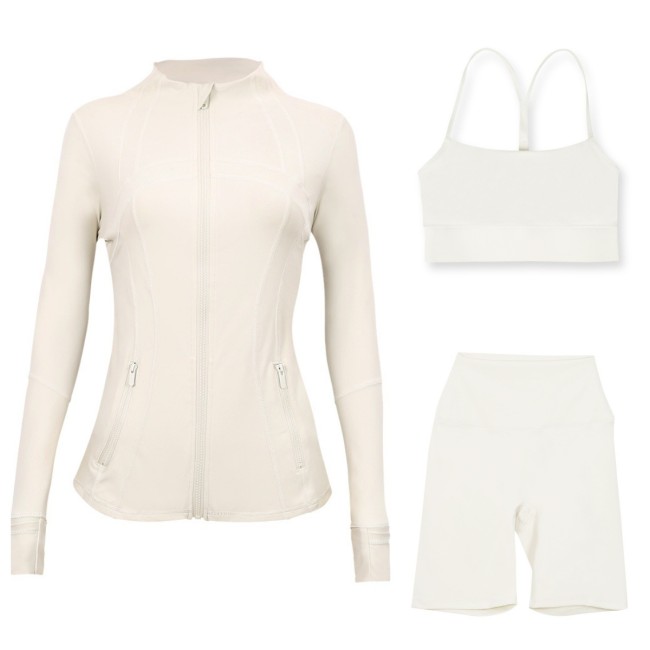LULU DF stand-up collar jacket, Y-back vest, three-quarter pants, three-piece set with gold zipper, sporty slim-fit yoga wear