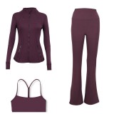 LULU DF Embossed Stand Collar Jacket, Y-shaped Vest, Flared Pants Three-piece Set with Gold Zipper, Sports Fitness Yoga Outfit