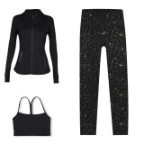 LULU DF Stand Collar Jacket, Y-Back Vest, Nine-Quarter Pants Three-Piece Set, Starry Gold Zipper Slim Fit Yoga Outfit