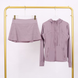 LULU hooded jacket with embossed design, three-pleat skirt set, fitness sports faux two-piece elastic tennis skirt for all seasons