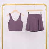 LULU Women's Sports Tennis Skirt Anti-Exposure Fitness U-Back Vest Short Skirt Set Fake Two-Piece Yoga Shorts Fashionable