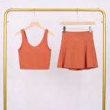 LULU Women's Sports Tennis Skirt Anti-Exposure Fitness U-Back Vest Short Skirt Set Fake Two-Piece Yoga Shorts Fashionable