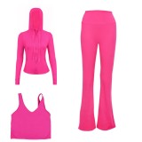 LULU DF hooded jacket, U-shaped vest, bell-bottom pants three-piece set, starry gold zipper slim-fit yoga outfit
