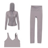 LULU DF hooded jacket, U-shaped vest, bell-bottom pants three-piece set, starry gold zipper slim-fit yoga outfit