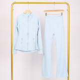 LULU Bell-bottom Pants DF Stand-up Collar Jacket Set with Gold Zipper Top, Women's Slim Fit Coat, Stretchy Yoga Outfit for Women