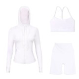 LULU DF hooded jacket, Y-back vest, three-quarter pants three-piece set, starry gold zipper slim-fit yoga outfit