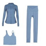 LULU DF stand-up collar jacket, U-shaped vest, cropped pants three-piece set, starry gold zipper slim-fit yoga wear