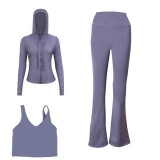 LULU DF hooded jacket, U-shaped vest, bell-bottom pants three-piece set, starry gold zipper slim-fit yoga outfit